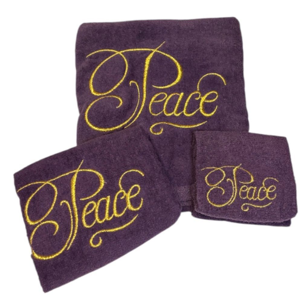 Vintage PEACE Towel Set Purple Gold Embroidered Decorate Bath